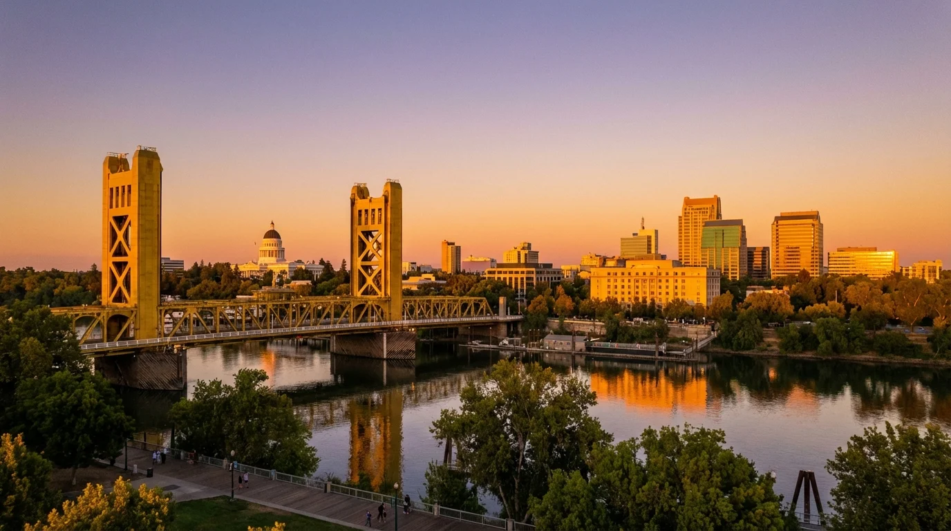 Sacramento California skyline with Tower Bridge, Capitol building dome, and Sacramento River — representing the 279 area code
