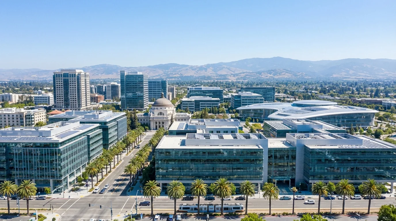 San Jose Silicon Valley skyline with modern tech buildings, palm trees, and Santa Cruz Mountains — representing the 408 area code