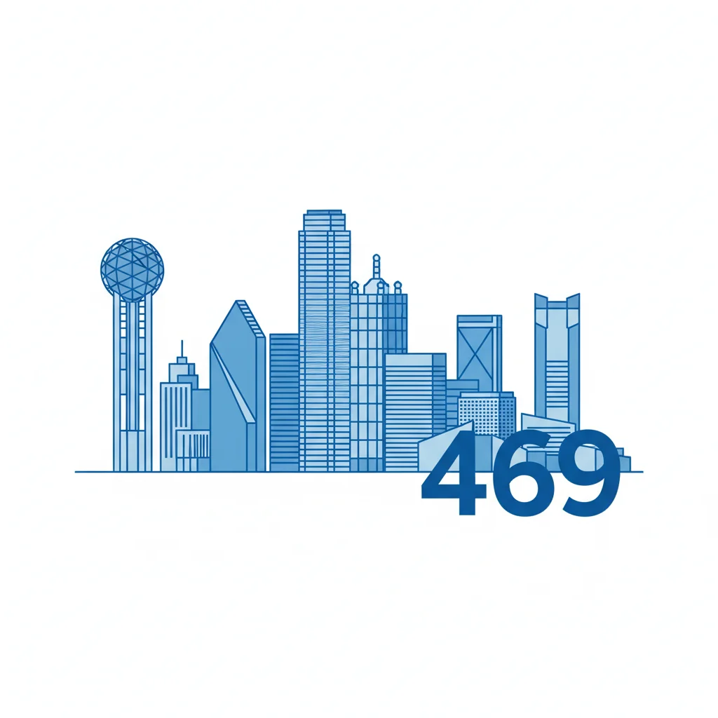 469 area code Dallas Texas skyline with Reunion Tower illustration