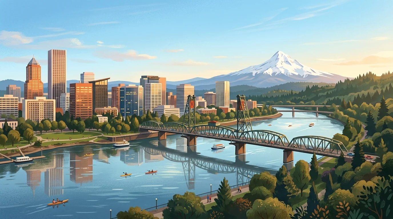 The Portland skyline along the Willamette River with Mount Hood rising behind it under a clear sky — representing the 503 area code