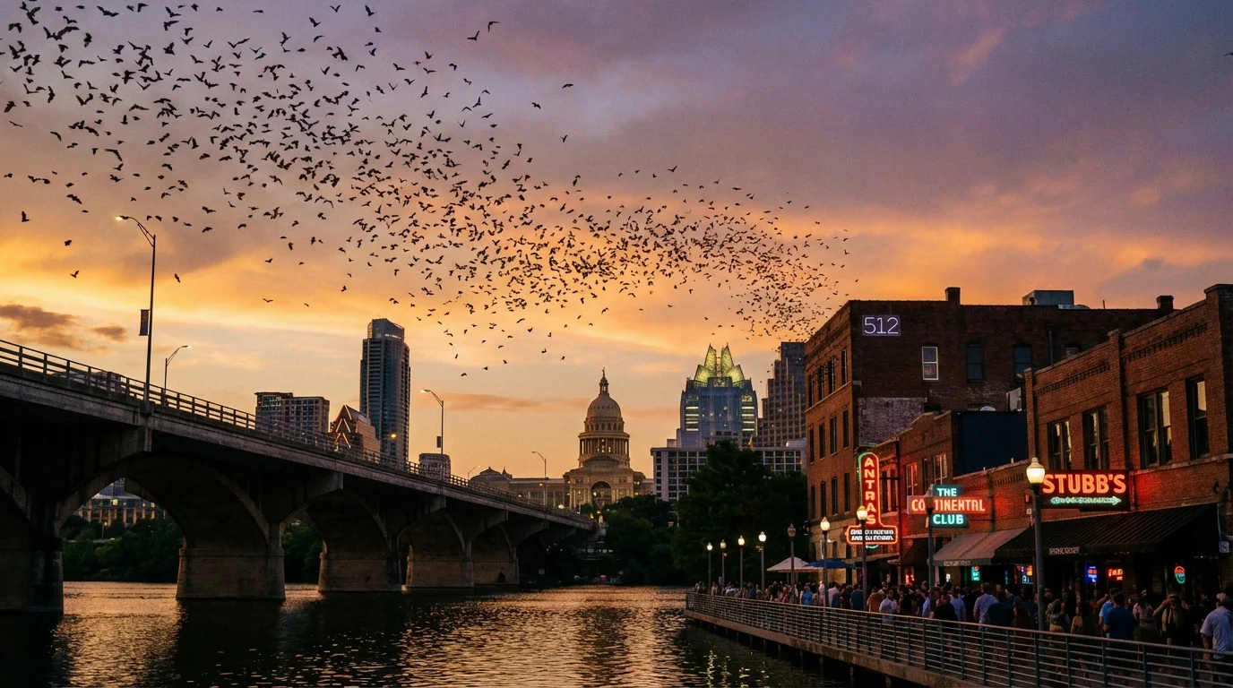 Austin Texas skyline at sunset with Congress Avenue Bridge over Lady Bird Lake and bats flying — representing the 512 area code
