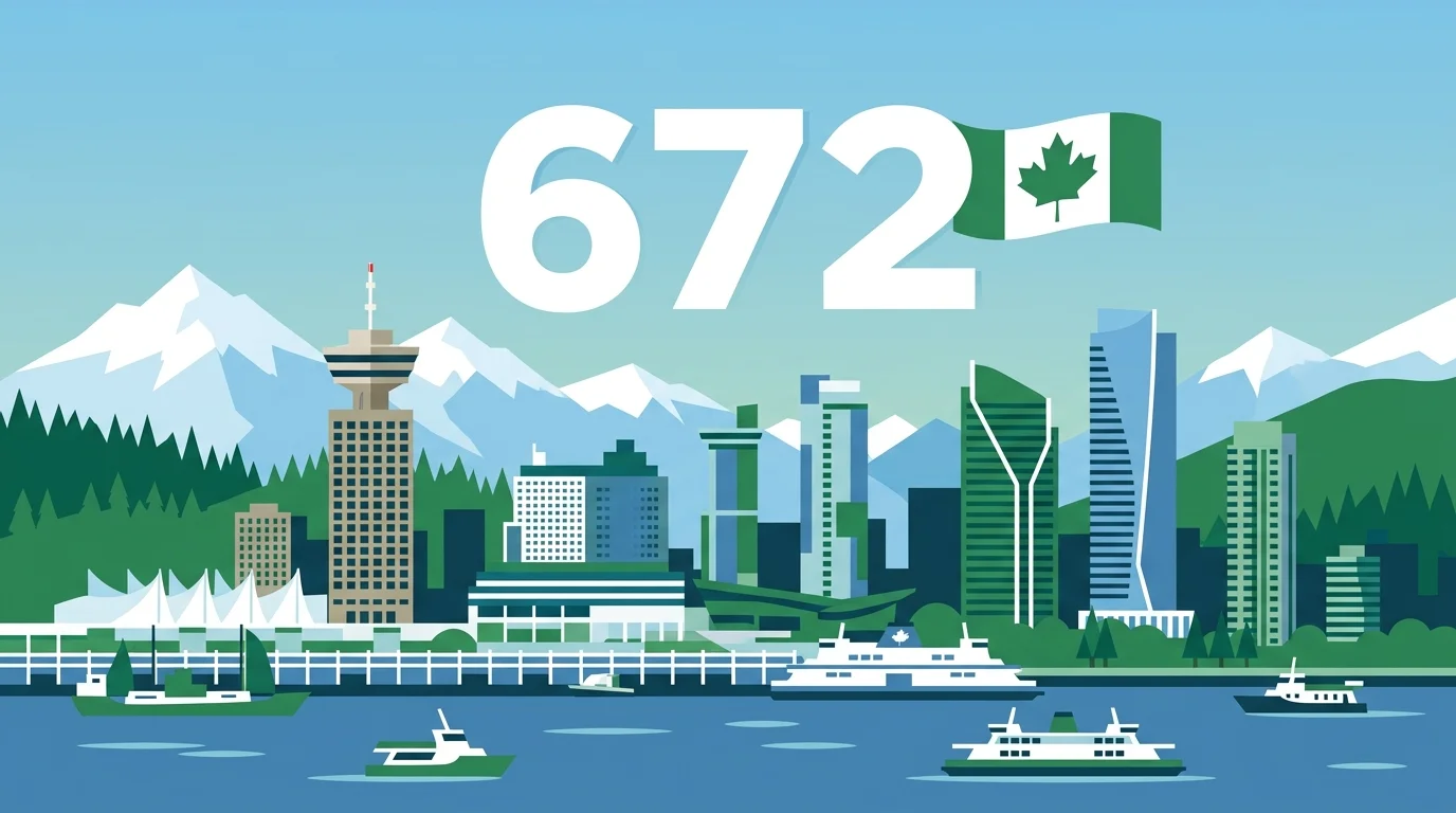 672 area code — British Columbia Vancouver skyline with mountains illustration