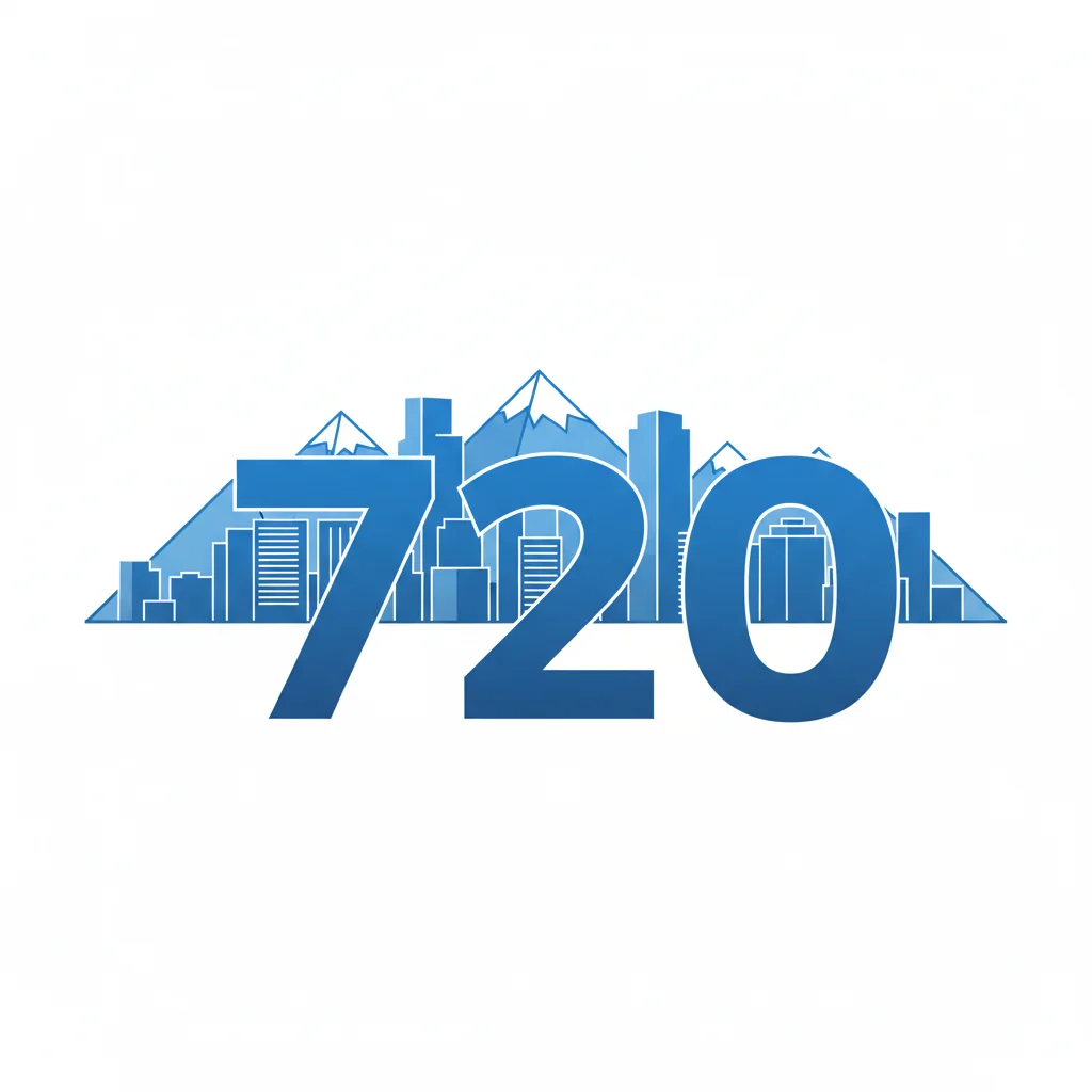 720 area code Denver Colorado skyline with Rocky Mountains illustration