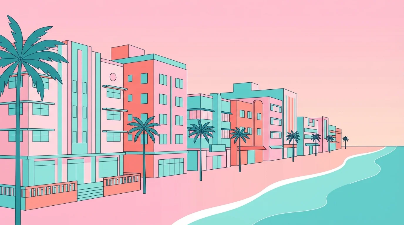 Miami skyline with Art Deco architecture, palm trees, and ocean — representing the 786 area code