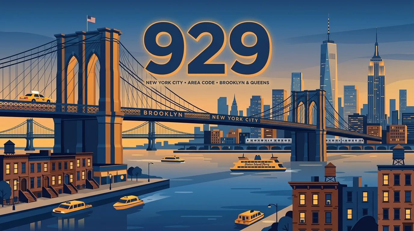 929 area code — Brooklyn Bridge and New York City outer boroughs skyline illustration