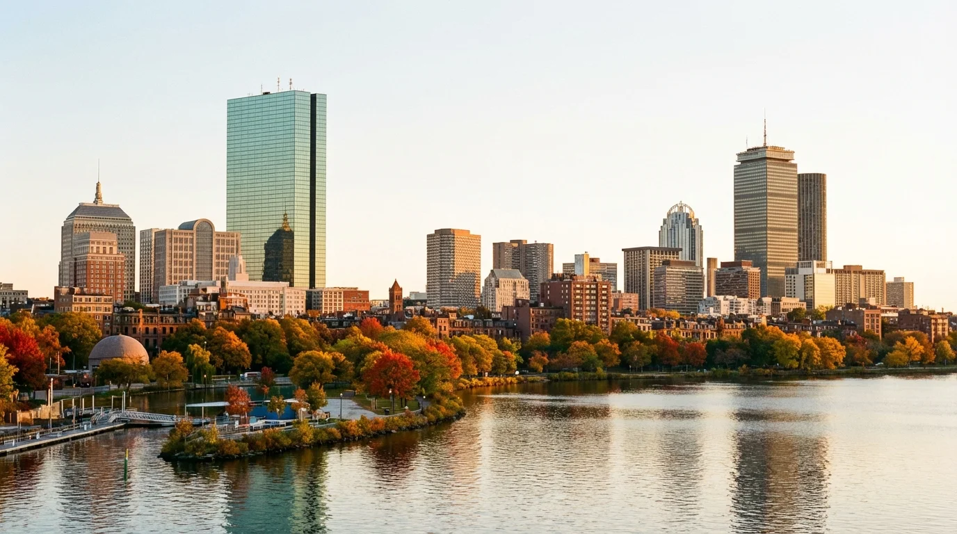 Boston Massachusetts skyline with historic brick buildings and modern towers along the Charles River at dusk