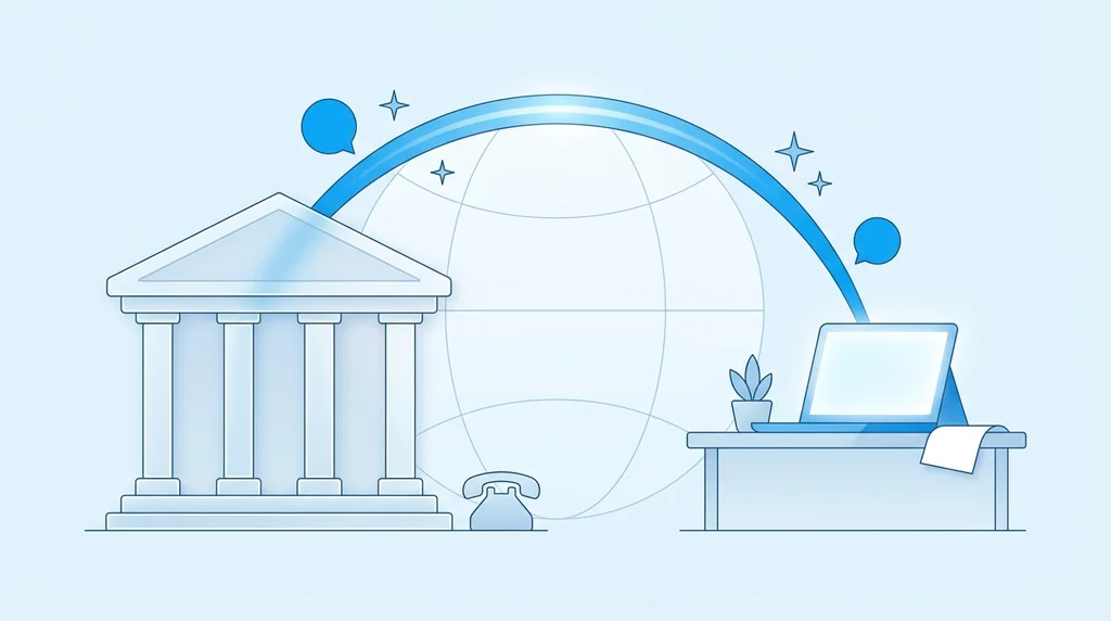 A government building with classical columns connected to a person at a desk by a translated phone call ribbon