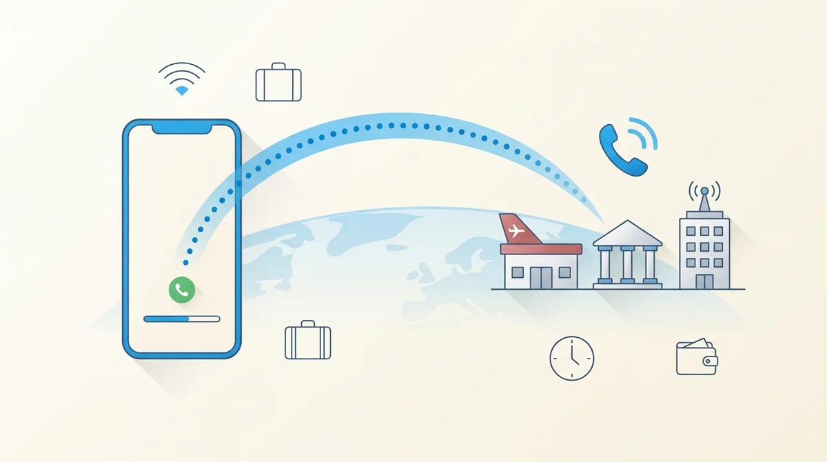 A traveller on hold to a UK airline, bank and mobile network helpline from another country