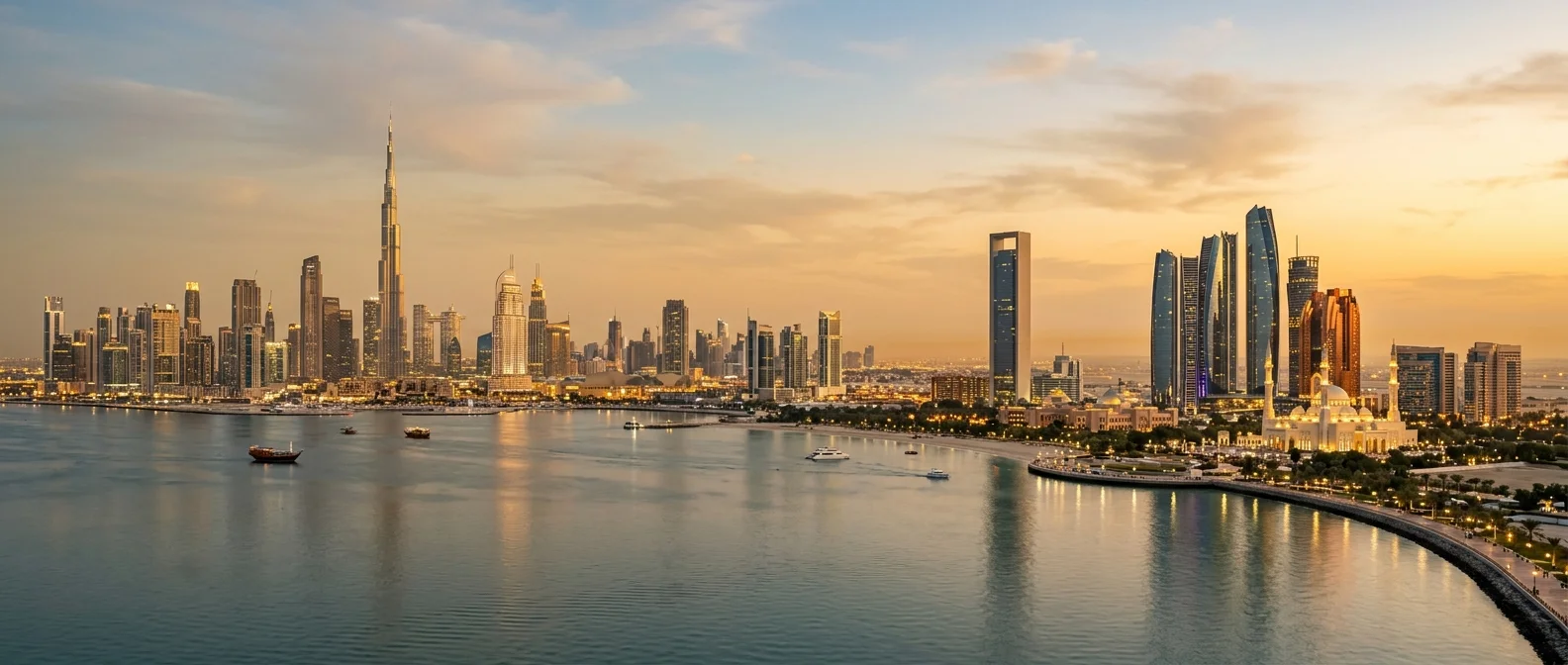 Calling the UAE from the US — the Dubai and Abu Dhabi skyline at dusk with modern towers