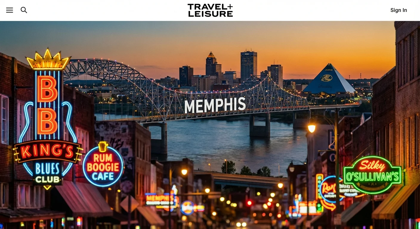 Memphis Tennessee skyline with Beale Street neon signs and the Hernando de Soto Bridge over the Mississippi River at dusk