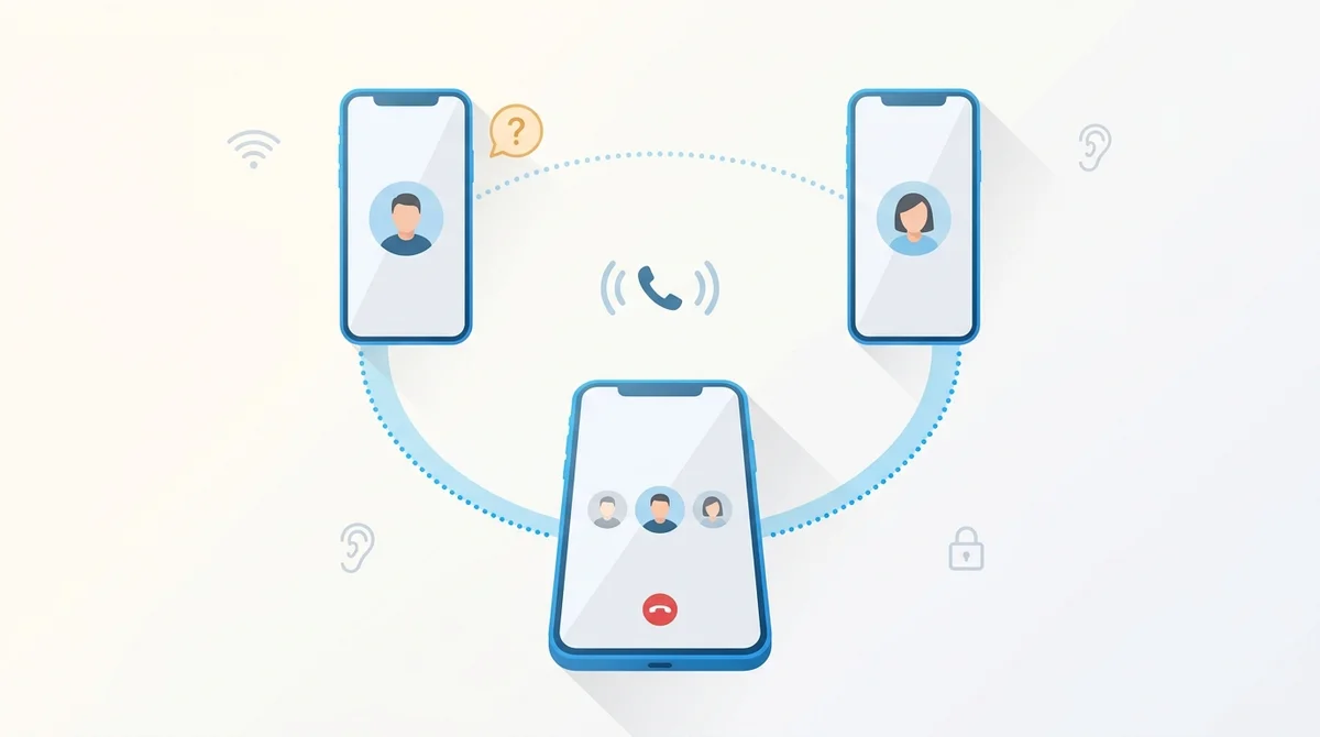 Three phones joined into one conversation, with one caller unsure who is listening