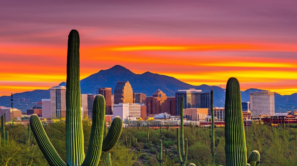 Phoenix Arizona downtown skyline with Camelback Mountain in the background and saguaro cacti in the foreground at sunset