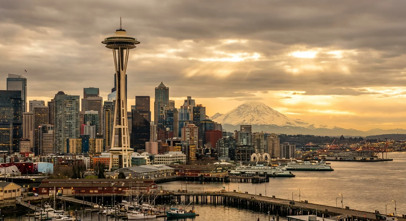 Seattle Washington skyline featuring the Space Needle with Mount Rainier in the background and Puget Sound waterfront at dusk