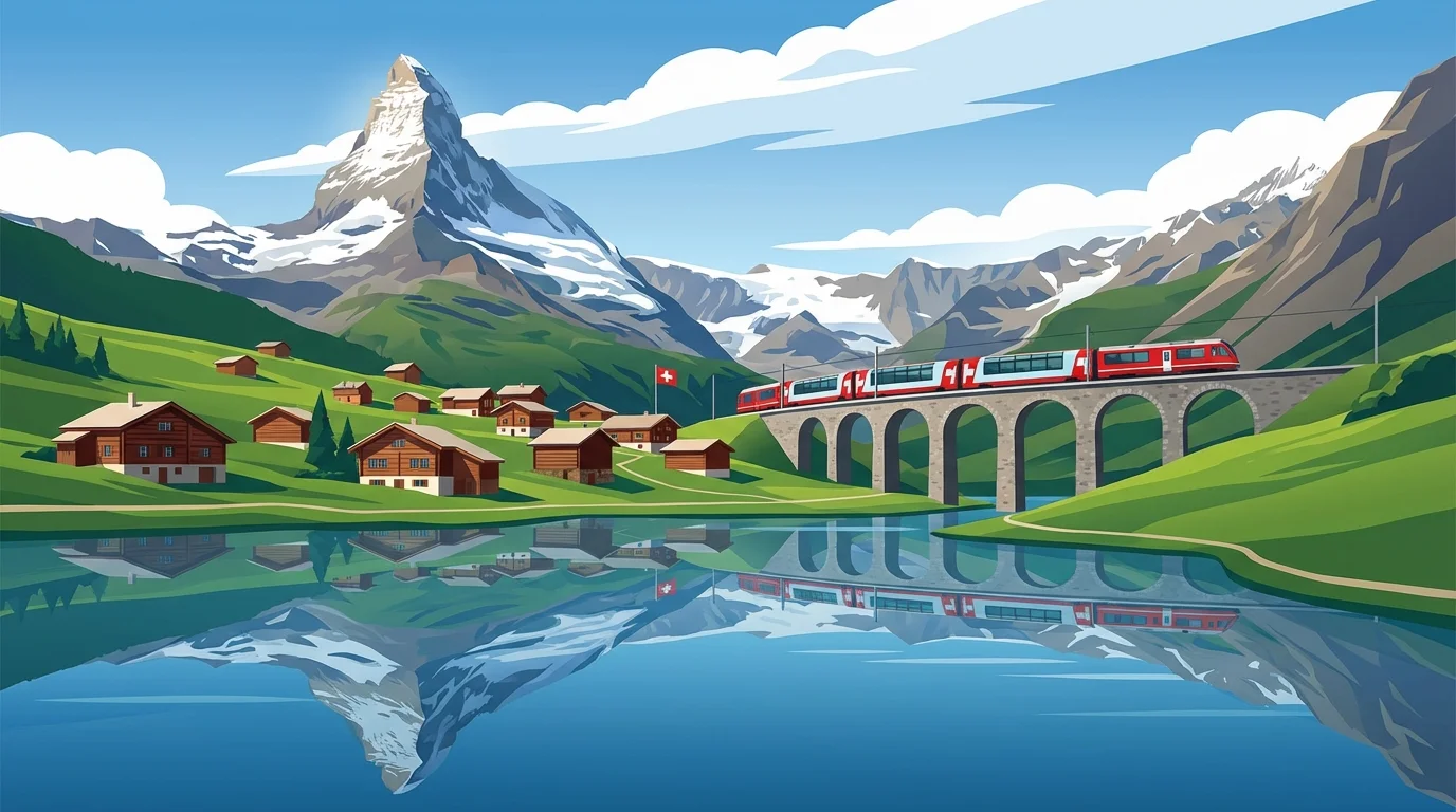 Swiss Alps landscape with the Matterhorn, traditional villages, and a railway viaduct representing Switzerland country code +41