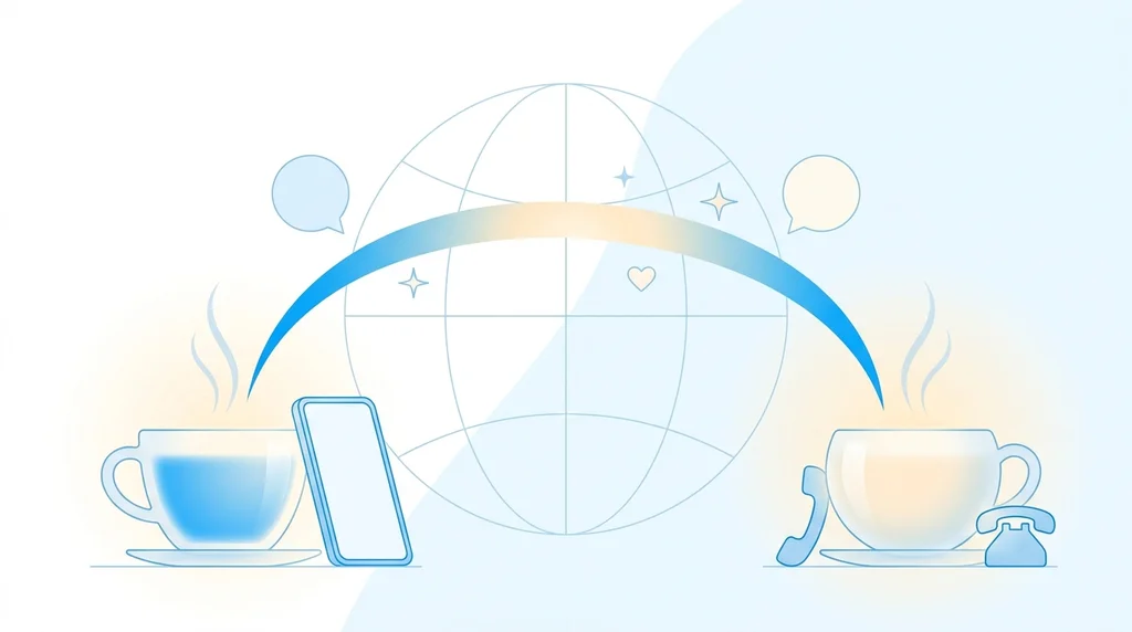 Two teacups on opposite sides of a globe joined by a warm translated phone call