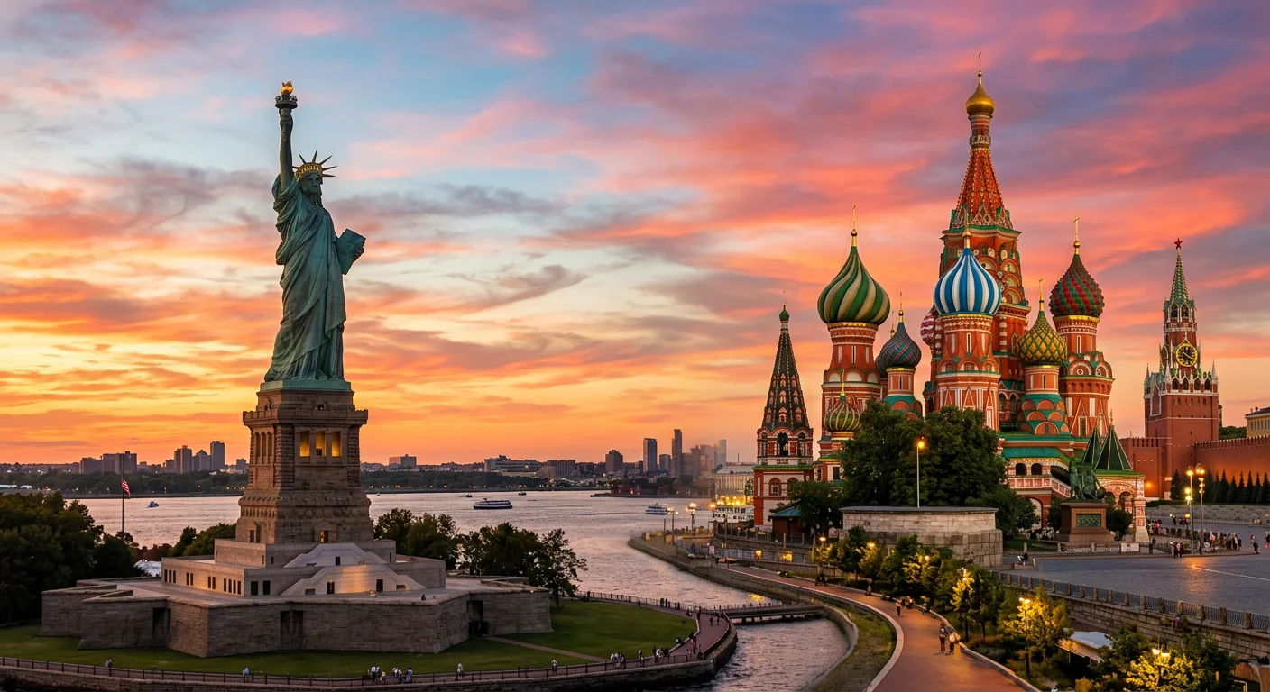 International calling from USA to Russia showing connection between American and Russian cityscapes