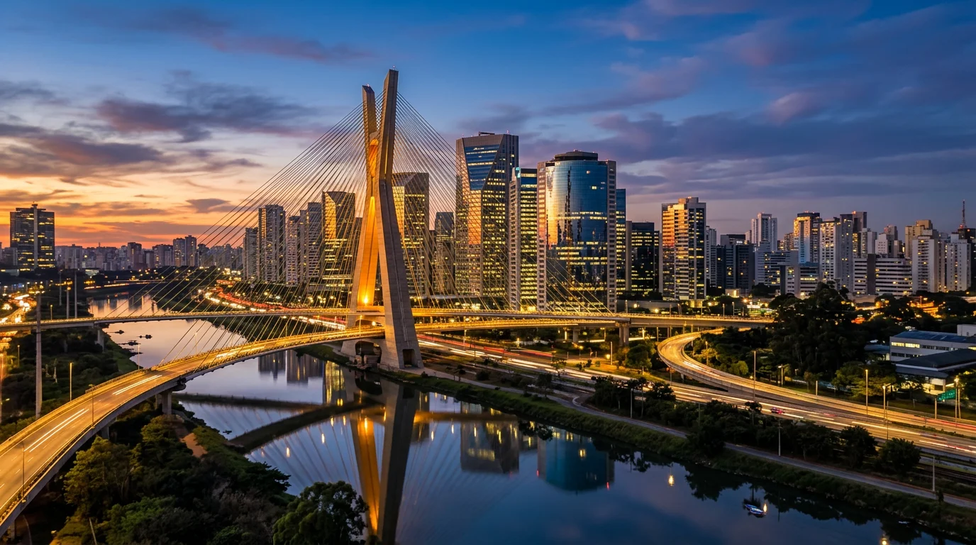 São Paulo skyline at dusk featuring the Ponte Estaiada bridge, representing area code 011