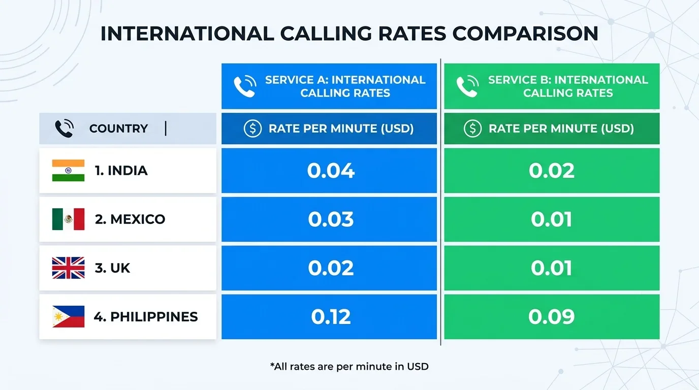 Rate comparison: BubblyPhone vs Google Voice for popular destinations